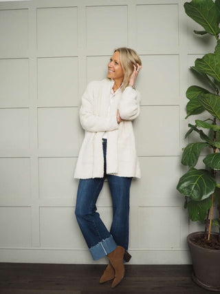 Chloe Chunky Knit Cardigan with Front Pockets and No Fastenings - Black, Ecru and Khaki