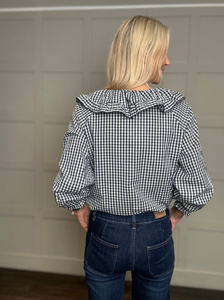 Fiona Gingham Blouse with Frill Peter Pan Collar - Chocolate, Navy Blue