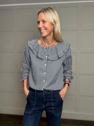 Fiona Gingham Blouse with Frill Peter Pan Collar - Chocolate, Navy Blue