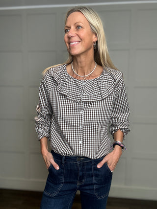 Fiona Gingham Blouse with Frill Peter Pan Collar - Chocolate, Navy Blue