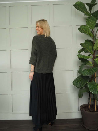 Teddi Boucle Round Neck, Cropped Sleeved Jumper - Black, Camel, Ecru and Khaki