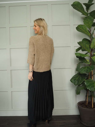 Teddi Boucle Round Neck, Cropped Sleeved Jumper - Black, Camel, Ecru and Khaki