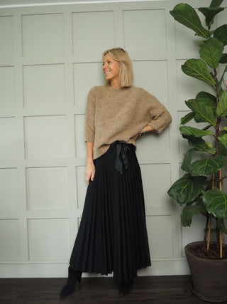 Teddi Boucle Round Neck, Cropped Sleeved Jumper - Black, Camel, Ecru and Khaki