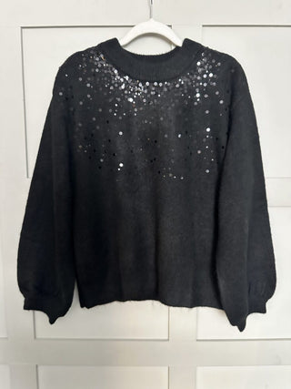 Barbel Round Neck Jumper with Sequin Detail by Saint Tropez - Black, Grey