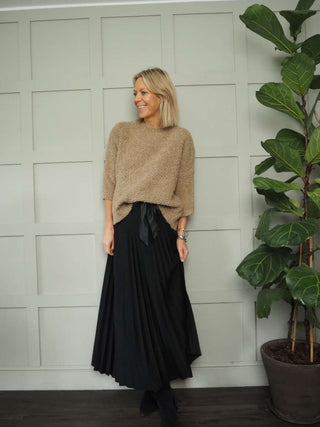 Teddi Boucle Round Neck, Cropped Sleeved Jumper - Black, Camel, Ecru and Khaki