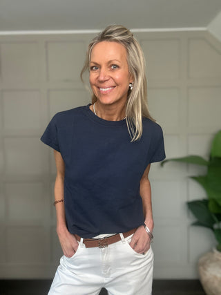 Nancy Capped Sleeve T Shirt with Round Neck - Navy Blue, Pink, Sky Blue, Stone, White