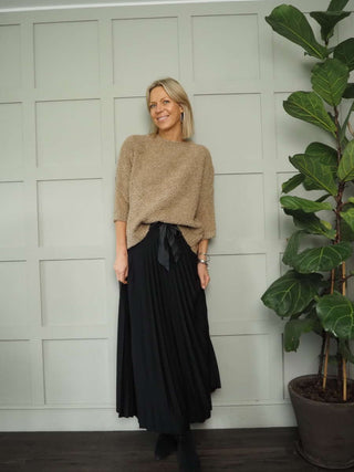 Teddi Boucle Round Neck, Cropped Sleeved Jumper - Black, Camel, Ecru and Khaki