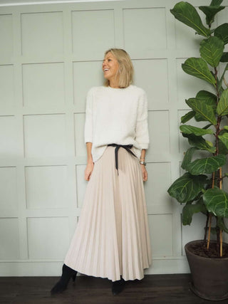 Teddi Boucle Round Neck, Cropped Sleeved Jumper - Black, Camel, Ecru and Khaki