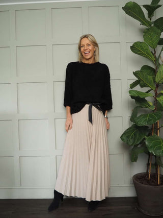 Teddi Boucle Round Neck, Cropped Sleeved Jumper - Black, Camel, Ecru and Khaki