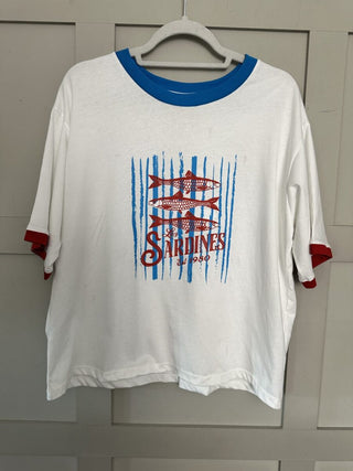 Wiya T-Shirt with Short Sleeves and Sardine Motif - Off White/Blue/Red