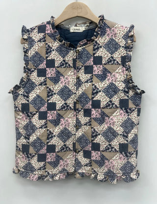 Katie Patchwork Style Waistcoat with Frill Details - Blue/Ecru/Pink