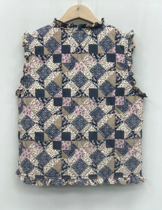 Katie Patchwork Style Waistcoat with Frill Details - Blue/Ecru/Pink