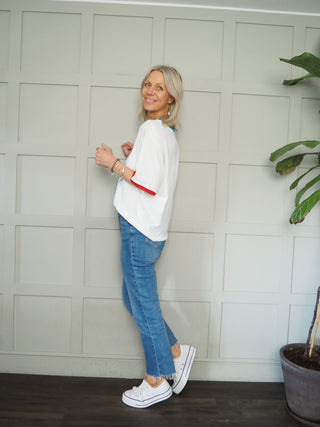 Wiya T-Shirt with Short Sleeves and Sardine Motif - Off White/Blue/Red