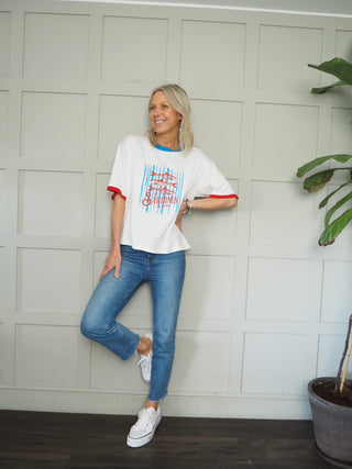 Wiya T-Shirt with Short Sleeves and Sardine Motif - Off White/Blue/Red