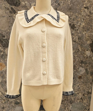 Kew Cardigan with Gingham Collar Detail - Ecru, Navy Blue