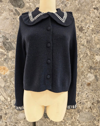 Kew Cardigan with Gingham Collar Detail - Ecru, Navy Blue