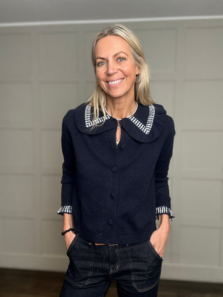 Kew Cardigan with Gingham Collar Detail - Ecru, Navy Blue