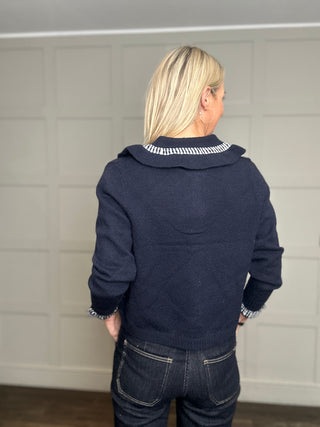Kew Cardigan with Gingham Collar Detail - Ecru, Navy Blue