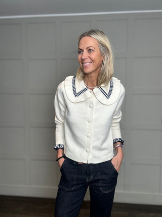 Kew Cardigan with Gingham Collar Detail - Ecru, Navy Blue