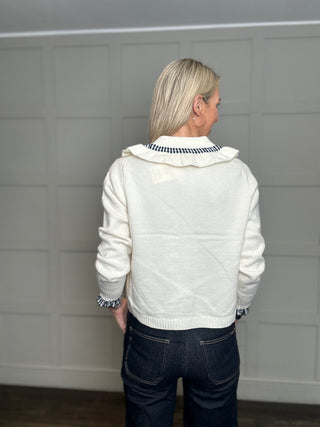 Kew Cardigan with Gingham Collar Detail - Ecru, Navy Blue