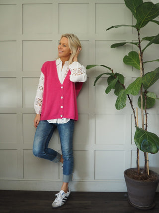 Joylynne Sleeveless Cardigan with Front Buttons - Bright Green, Bright Pink, Oatmeal