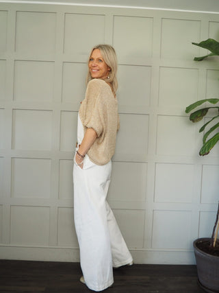 Flossie Jumper Top with Elbow Length Sleeves and Knot Detail - Gold Lurex