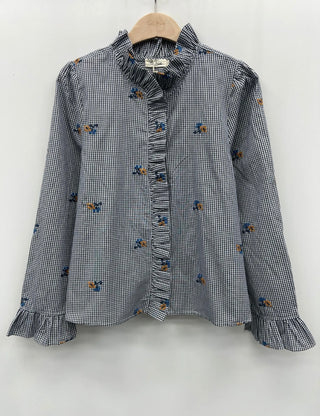 Walter Gingham Blouse with Embroidered Flowers and Ruffle Details - Navy Blue/White