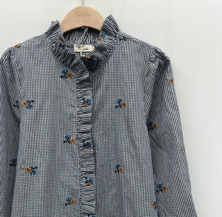 Walter Gingham Blouse with Embroidered Flowers and Ruffle Details - Navy Blue/White