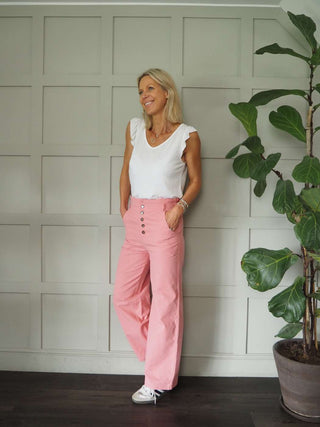 Audrey Cotton, Wide Leg Trousers with Paper Bag Waist - Black, Green, Rose Pink, White