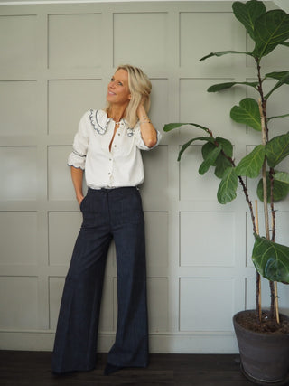 Darli Wide Leg Stretch Tailored Trousers - Navy Blue