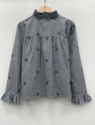 Walter Gingham Blouse with Embroidered Flowers and Ruffle Details - Navy Blue/White