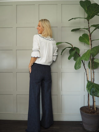 Darli Wide Leg Stretch Tailored Trousers - Navy Blue