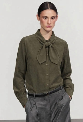 Evana Needlecord Blouse with Tie Collar Detail - Ecru, Khaki