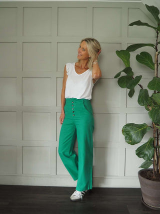 Audrey Cotton, Wide Leg Trousers with Paper Bag Waist - Black, Green, Rose Pink, White