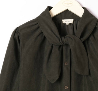 Evana Needlecord Blouse with Tie Collar Detail - Ecru, Khaki