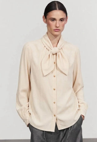 Evana Needlecord Blouse with Tie Collar Detail - Ecru, Khaki