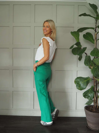 Audrey Cotton, Wide Leg Trousers with Paper Bag Waist - Black, Green, Rose Pink, White