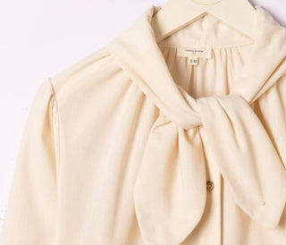 Evana Needlecord Blouse with Tie Collar Detail - Ecru, Khaki