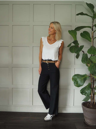 Audrey Cotton, Wide Leg Trousers with Paper Bag Waist - Black, Green, Rose Pink, White