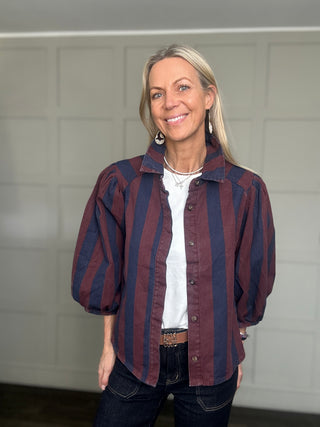 Anderson Denim Stripe Shacket with Cropped Balloon Sleeves - Burgundy/Navy