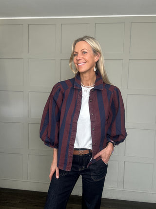 Anderson Denim Stripe Shacket with Cropped Balloon Sleeves - Burgundy/Navy