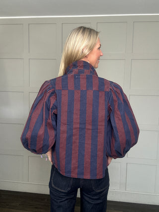 Anderson Denim Stripe Shacket with Cropped Balloon Sleeves - Burgundy/Navy