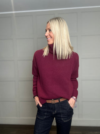 Ashley Merino Wool Polo Neck Jumper - Biscuit, Burgundy, Chocolate, Navy Blue