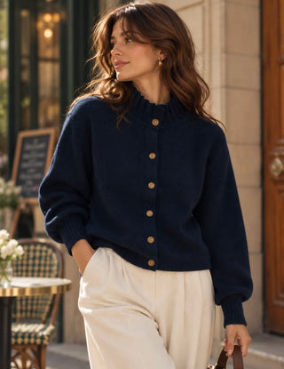 Penny Cardigan with Pleated Collar - Berry, Chocolate, Khaki, Navy Blue, Taupe
