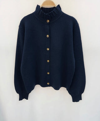 Penny Cardigan with Pleated Collar - Berry, Chocolate, Khaki, Navy Blue, Taupe