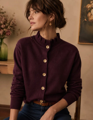 Penny Cardigan with Pleated Collar - Berry, Chocolate, Khaki, Navy Blue, Taupe