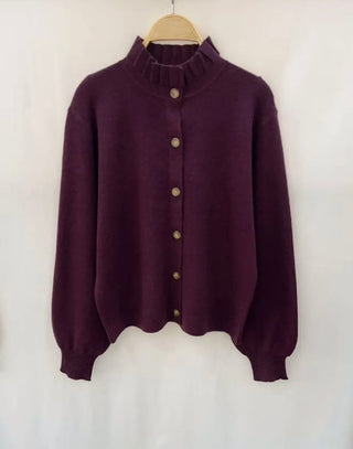 Penny Cardigan with Pleated Collar - Berry, Chocolate, Khaki, Navy Blue, Taupe