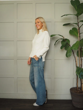 Netty Diamond Knit, Turtle Neck Jumper - Navy Blue and Winter White