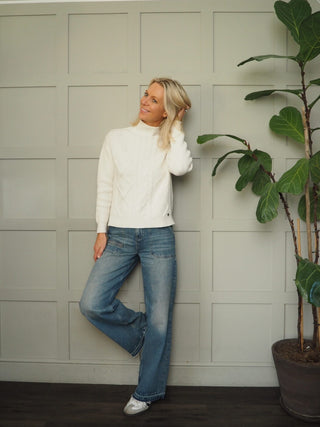 Netty Diamond Knit, Turtle Neck Jumper - Navy Blue and Winter White