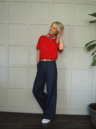 Tomasina T Shirt with Scarf - Navy Blue, Pink, Red, White